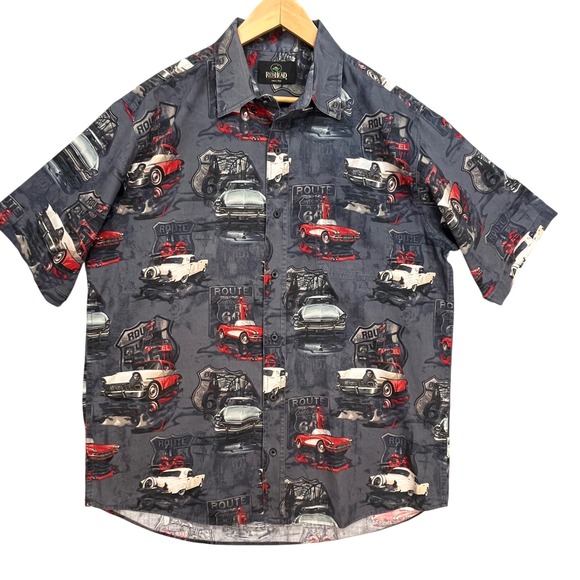 RedHead‎ Route 66 Classic Cars Shirt Gray Button Front Cotton L - Picture 1 of 5